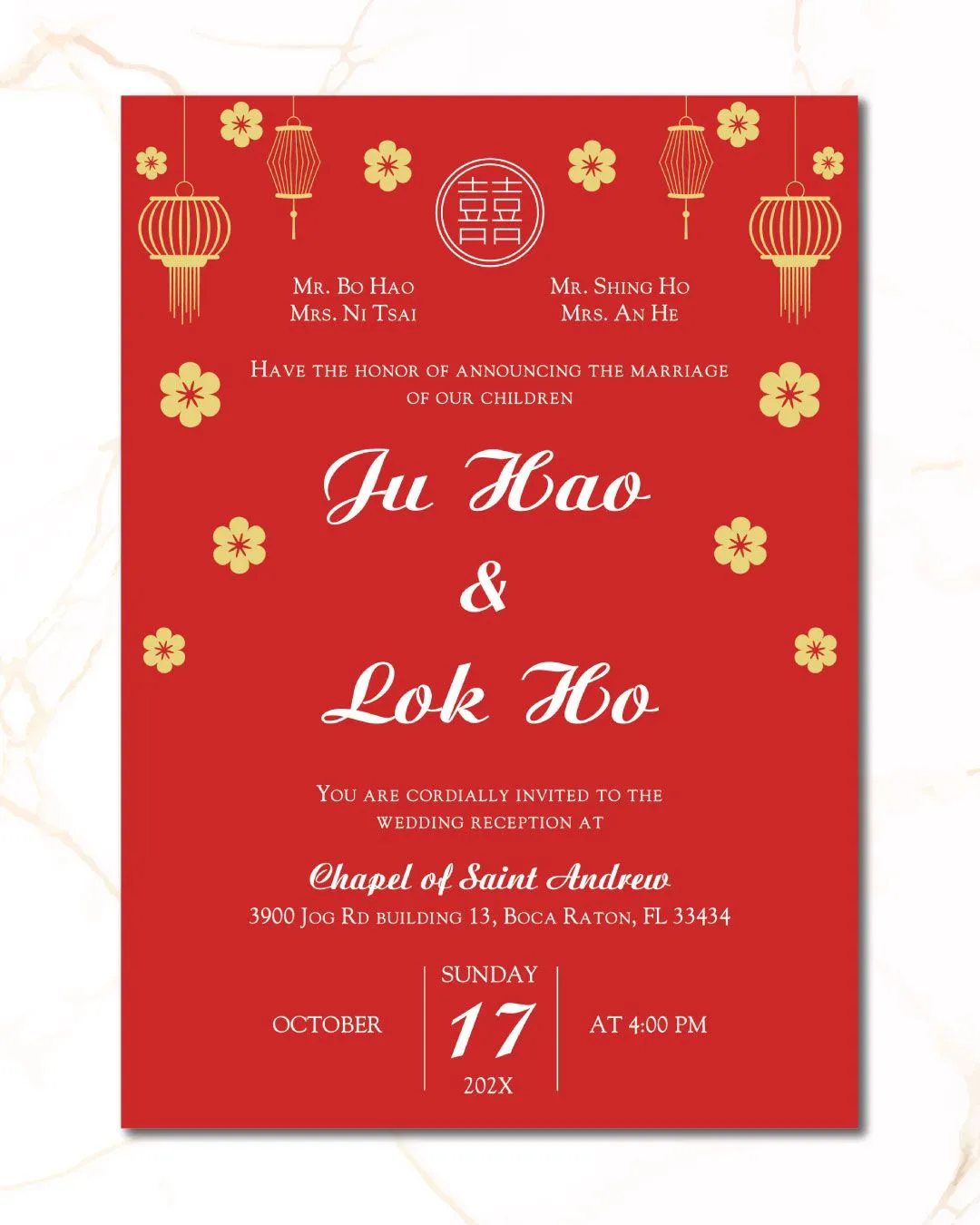 Lanterns Bright Flowers Simple Flat 5x7 Wedding Invitation