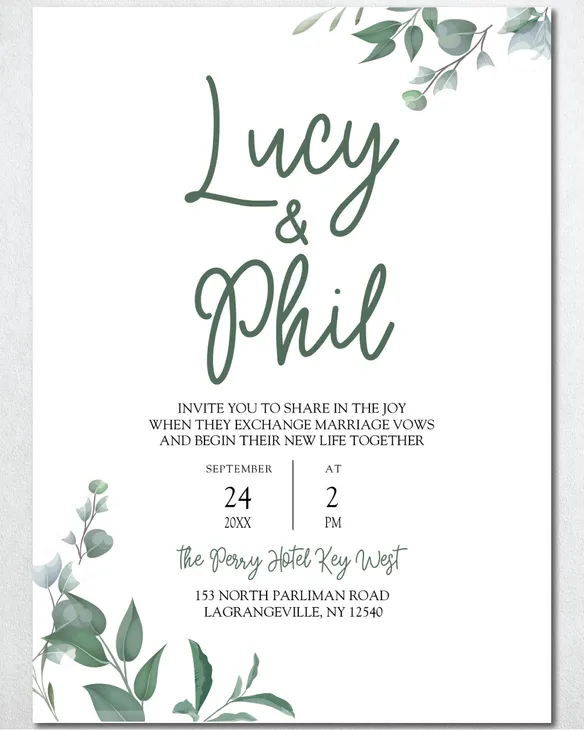 Green and Gray Leaves Simple Flat 5x7 Wedding Invitation