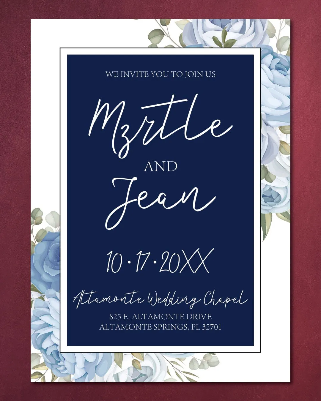 Winter Flowers and Frame Simple Flat 5x7 Wedding Invitation
