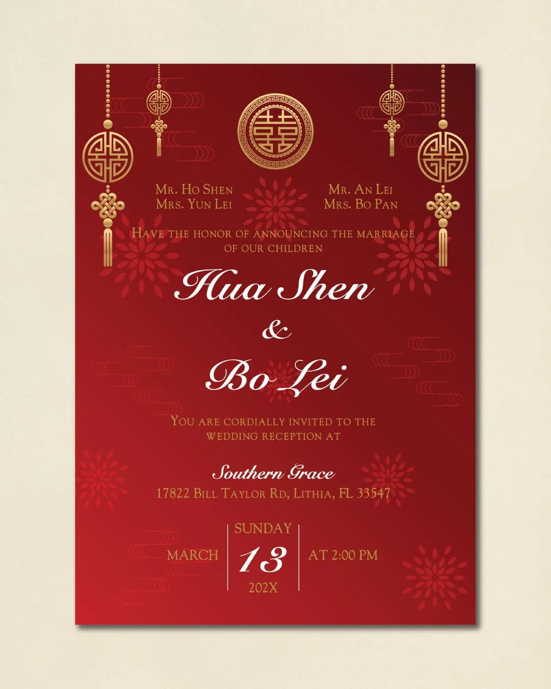 Festive Chinese Simple Flat 5x7 Wedding Invitation