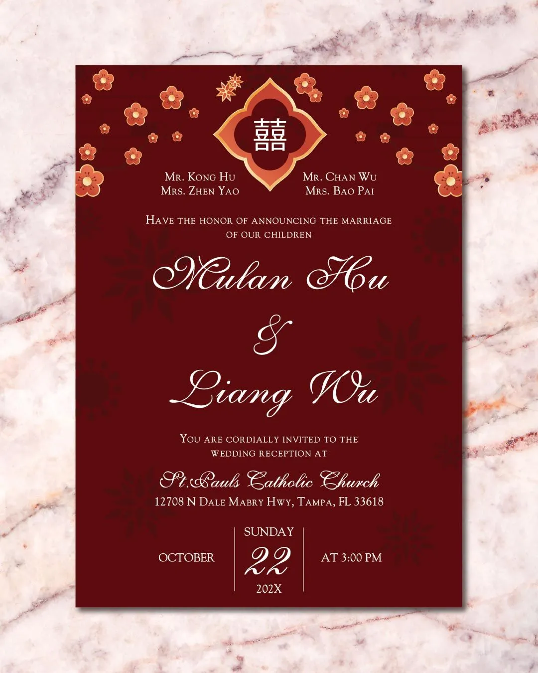 Burgundy Flowers Simple Flat 5x7 Wedding Invitation