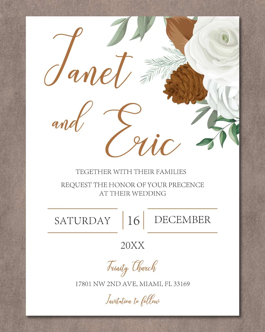 Pine Cone and Roses Simple Flat 5x7 Wedding Invitation