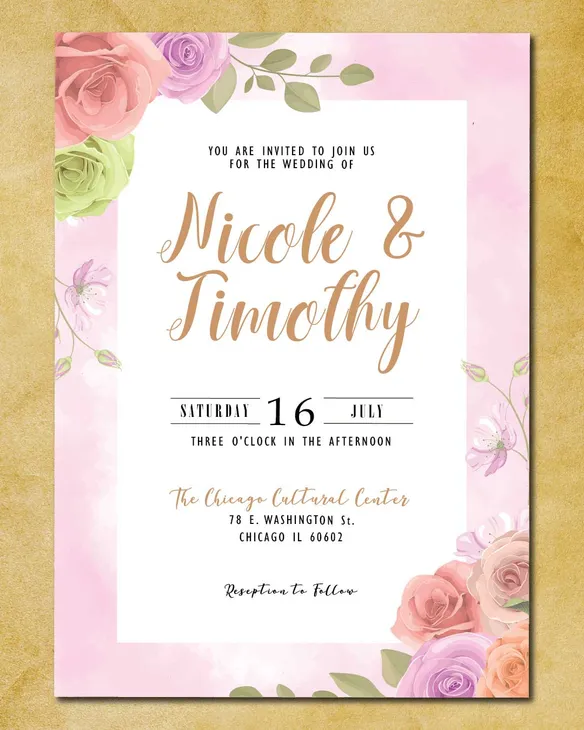 Multicolored Rose Bouquet Simple Flat 5x7 Wedding Invitation