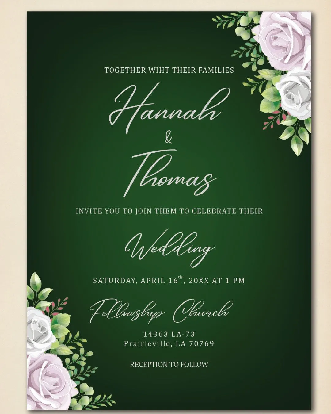 Green and Roses Simple Flat 5x7 Wedding Invitation