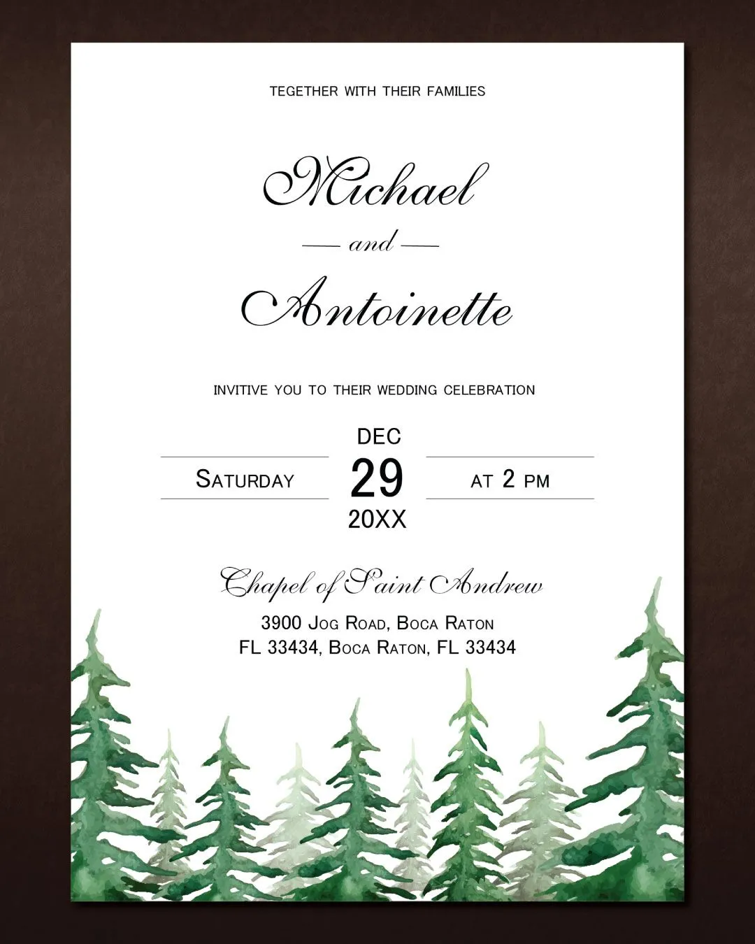 Watercolor Pines Simple Flat 5x7 Wedding Invitation