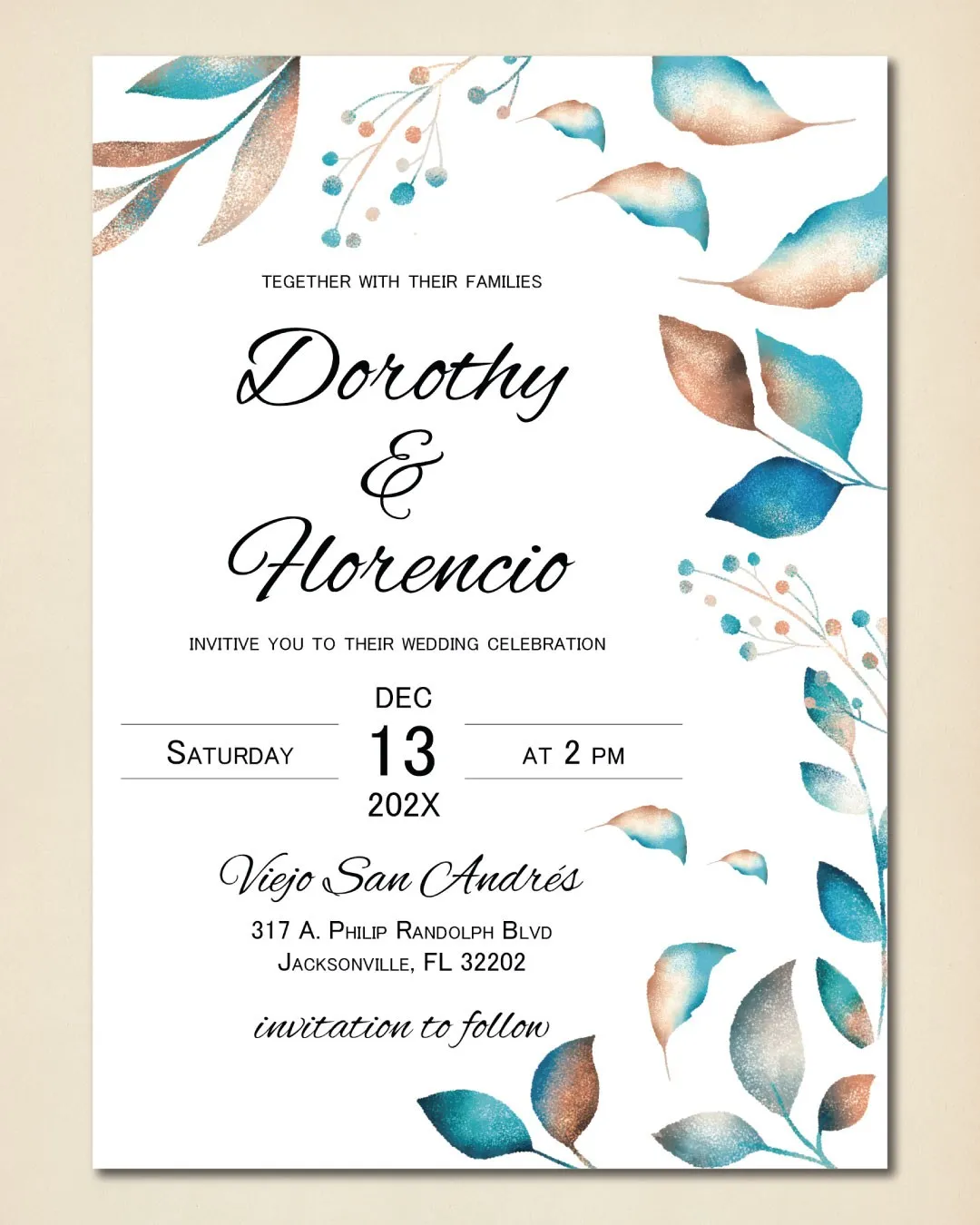 Leaves and Branches Gradient Simple Flat 5x7 Wedding Invitation
