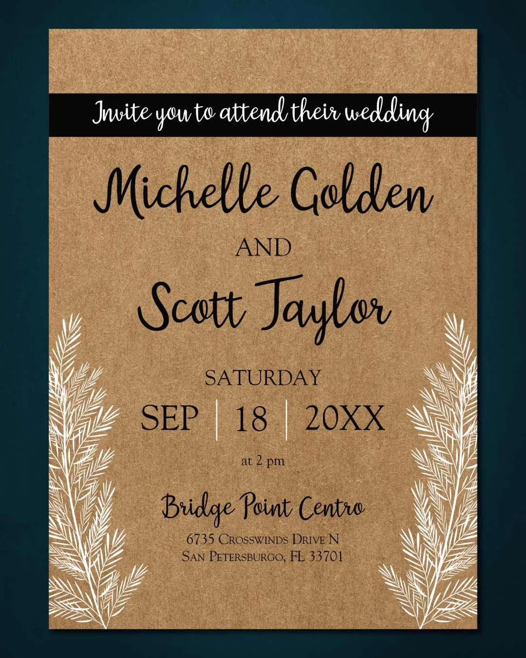 Cardboard White Branches Simple Flat 5x7 Wedding Invitation