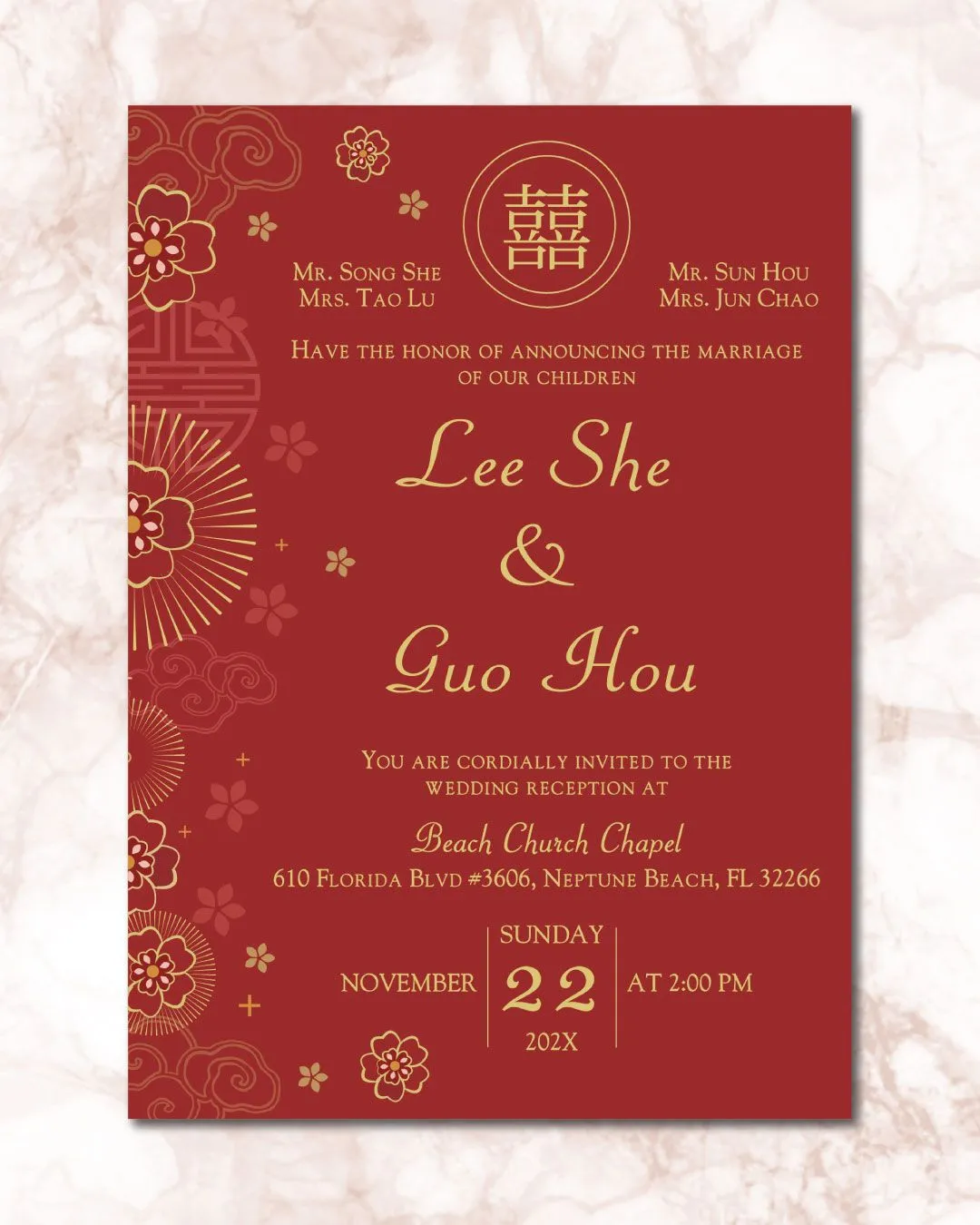 Radiating Gold Flowers Simple Flat 5x7 Wedding Invitation