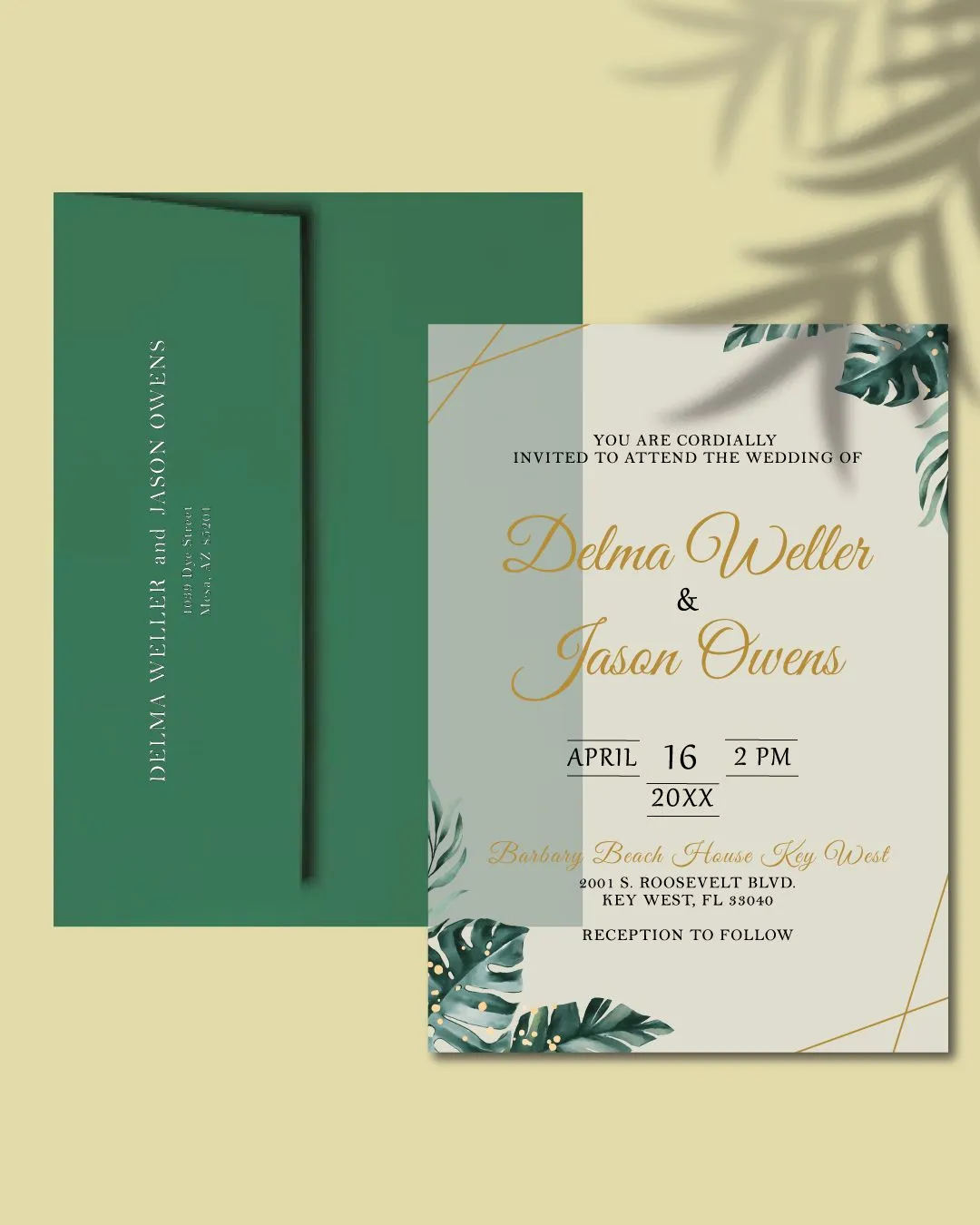 Tropical Leaves And Golden Acrylic Wedding Invitation