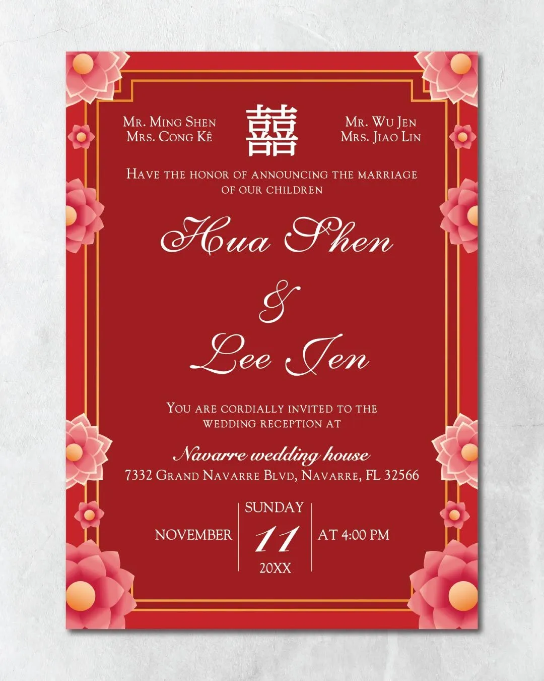 Blooming Pink Flowers Simple Flat 5x7 Wedding Invitation