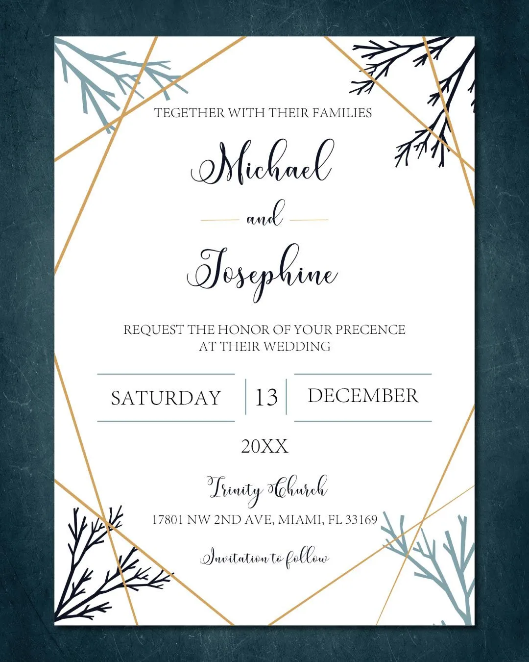 Geometric Frame Branches Simple Flat 5x7 Wedding Invitation