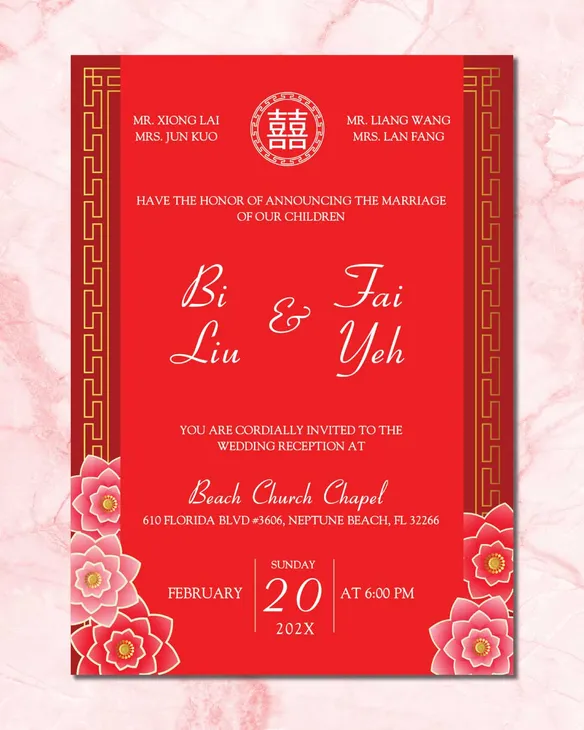 Pink and Red Flowers Simple Flat 5x7 Wedding Invitation
