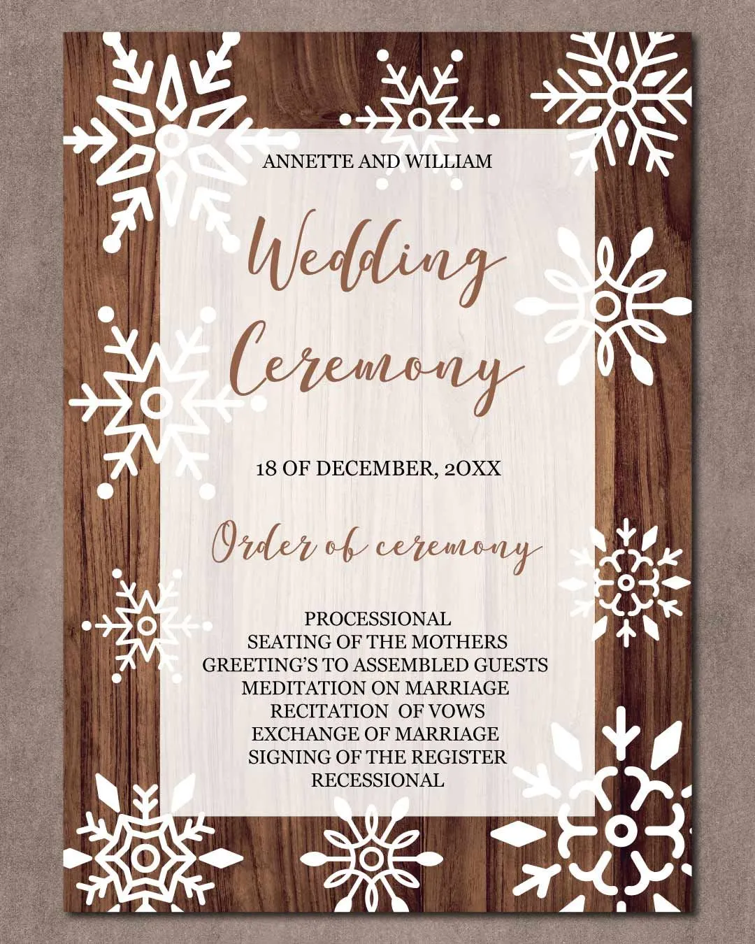 Wooden Frame Snowflakes Simple Flat 5x7 Wedding Invitation