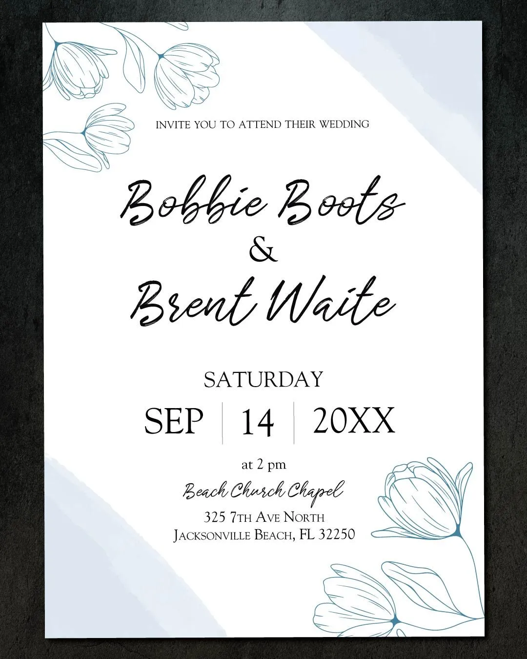 Blue Floral Silhouettes Simple Flat 5x7 Wedding Invitation