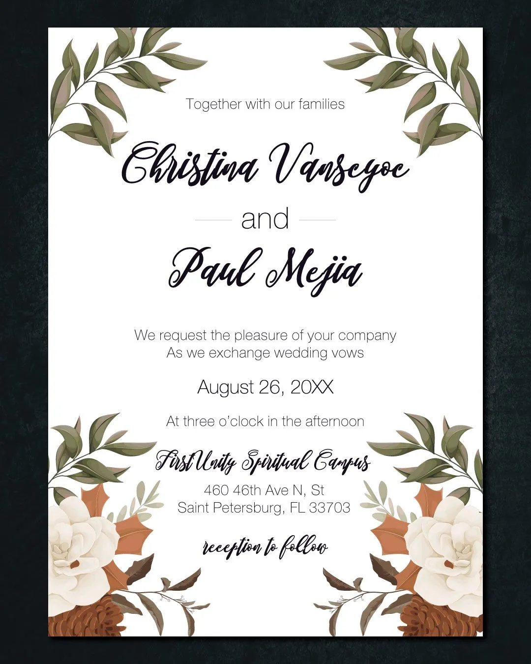 Brown and White Flower Simple Flat 5x7 Wedding Invitation