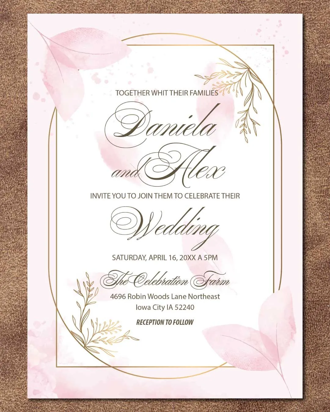 Floral Soft Pink Simple Flat 5x7 Wedding Invitation