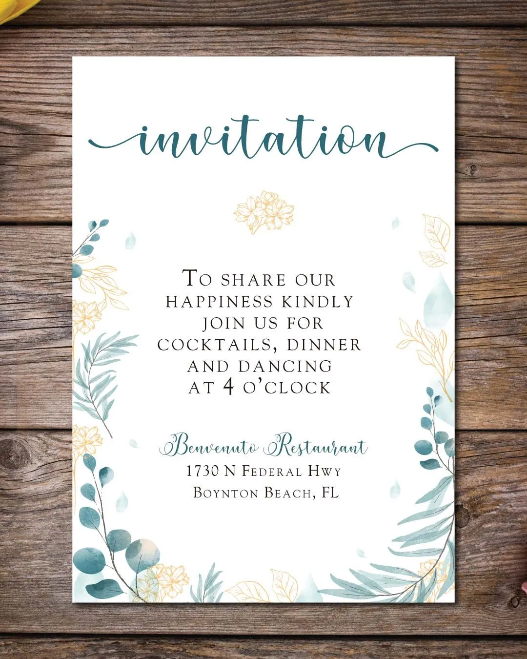 Blue Leaves And Branches Acrylic Wedding Invitation