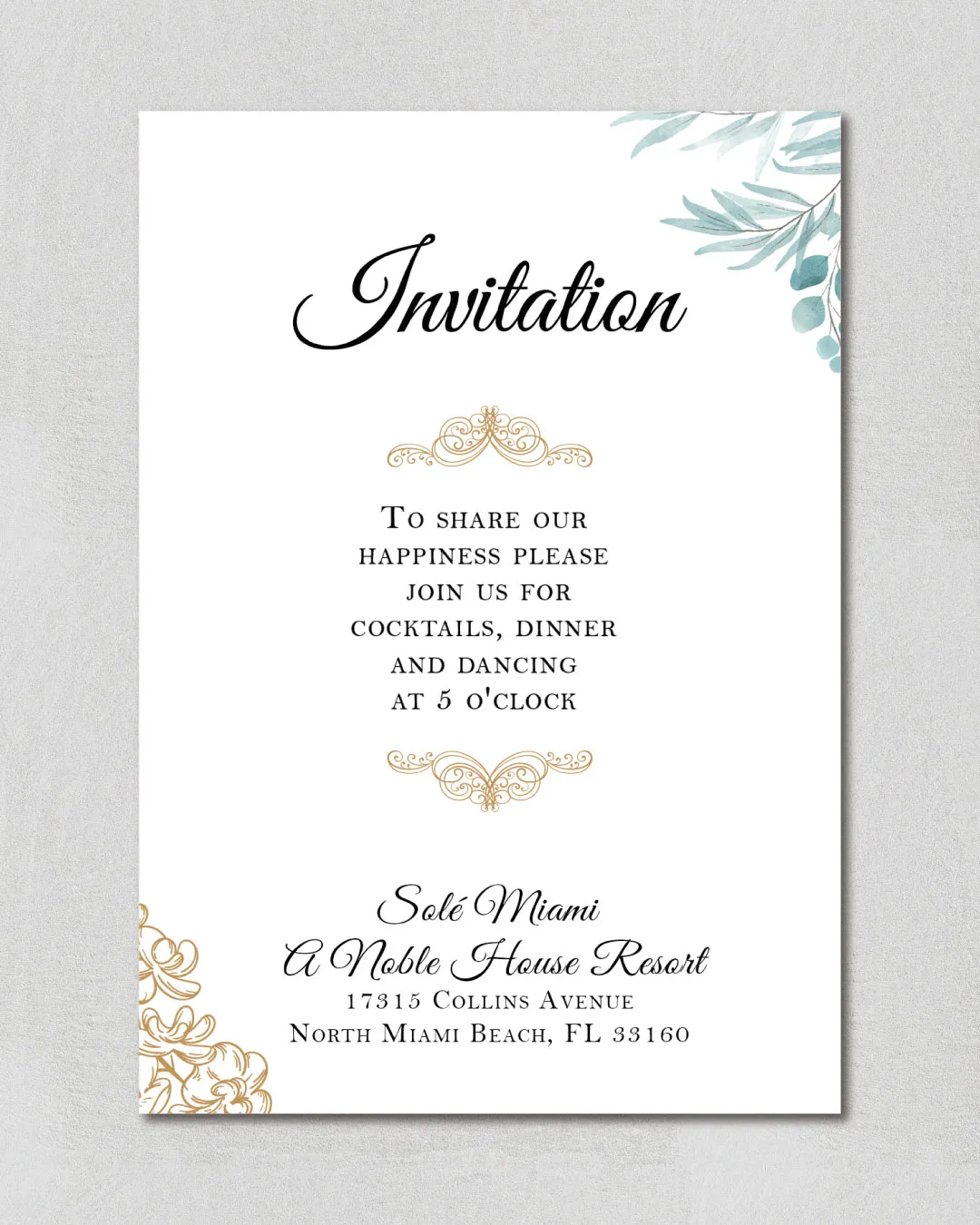 Blue Leaves And gold Acrylic Wedding Invitation