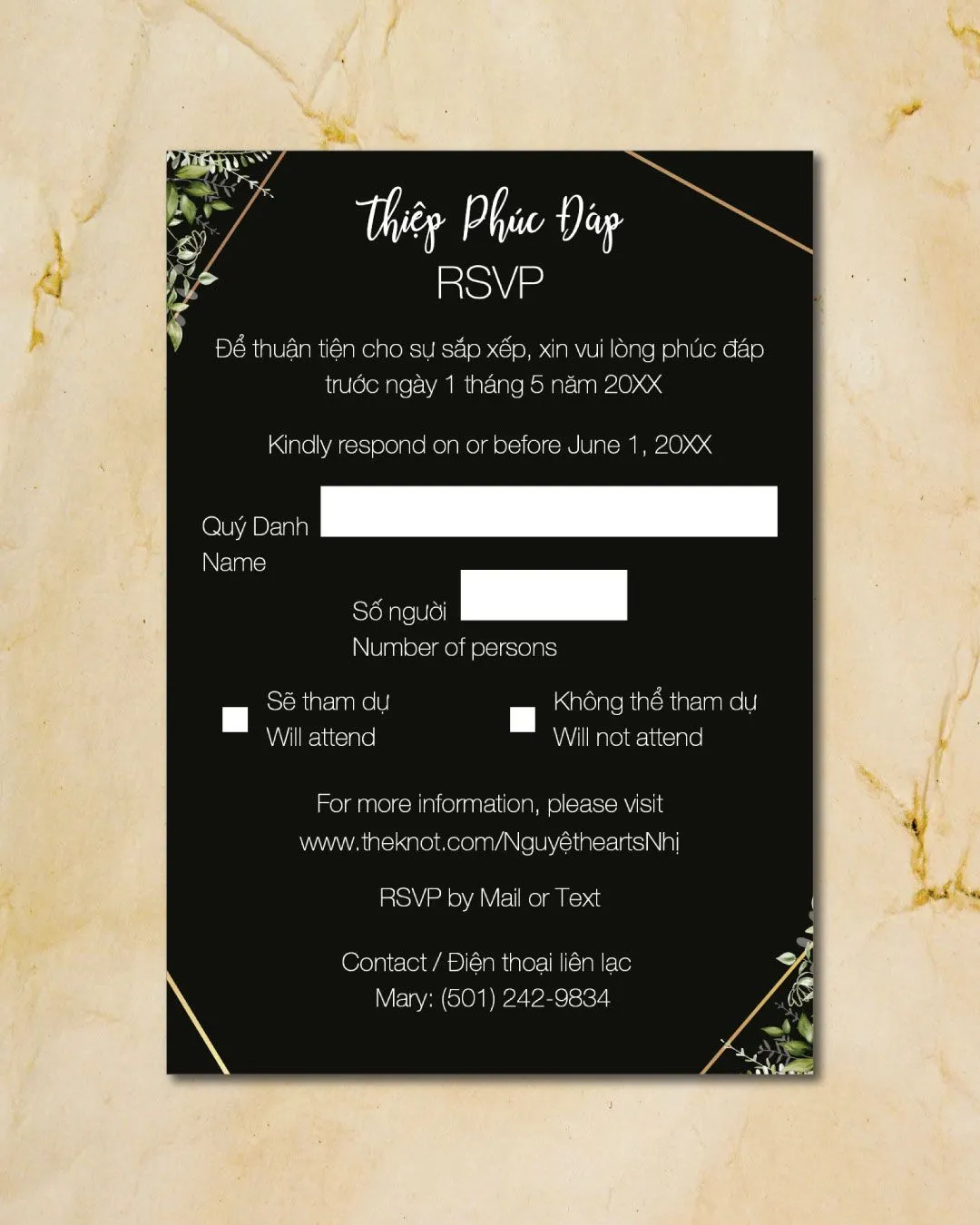 Leaves Gold Frames Vellum Wrapped Vietnamese & English Wedding Invitation