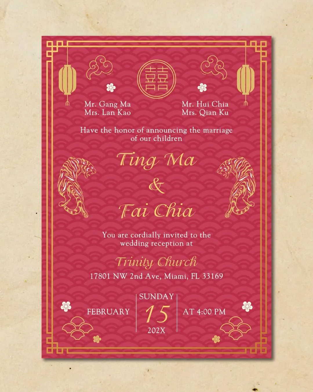 Golden Borders and Tigers Simple Flat 5x7 Wedding Invitation