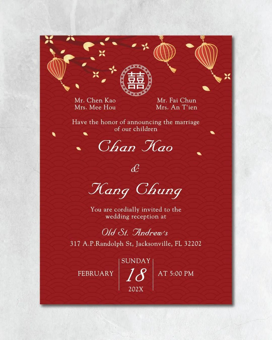 Flowers and Lanterns Swaying Simple Flat 5x7 Wedding Invitation