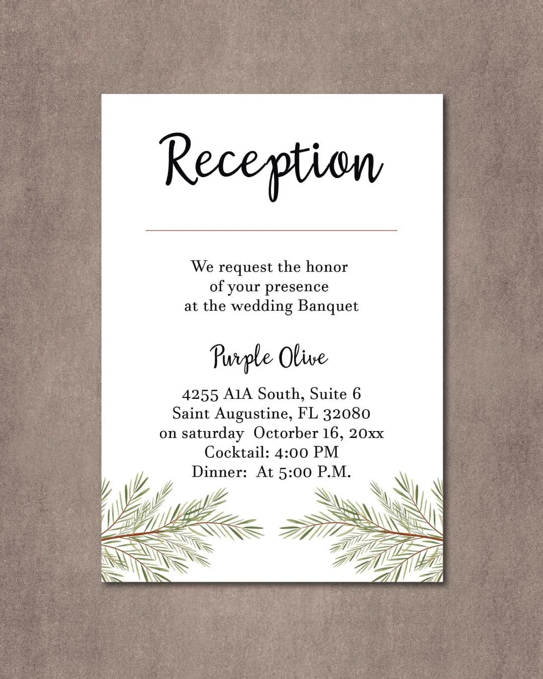 Simple Pine Branches Simple Flat 5x7 Wedding Invitation