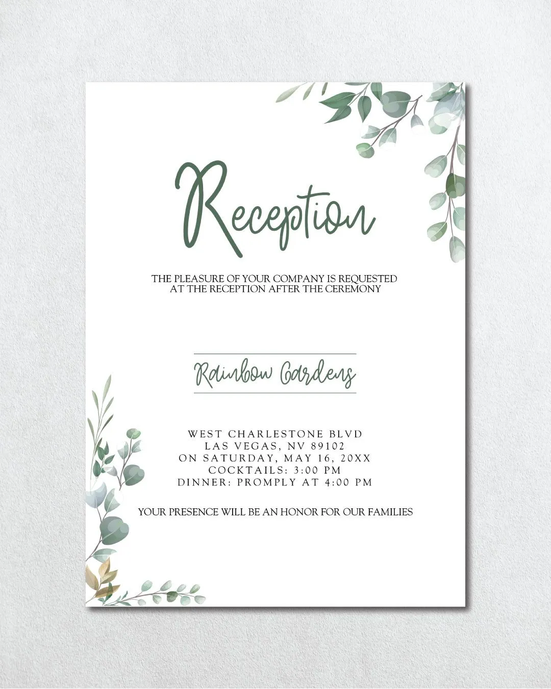 Green and Gray Leaves Simple Flat 5x7 Wedding Invitation
