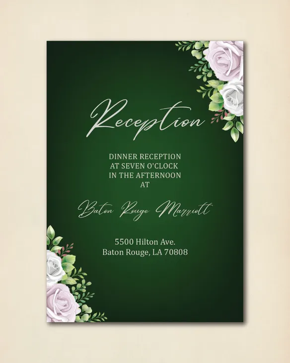 Green and Roses Simple Flat 5x7 Wedding Invitation