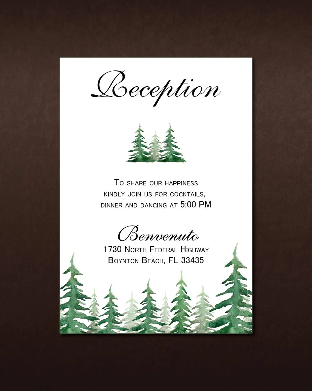 Watercolor Pines Simple Flat 5x7 Wedding Invitation