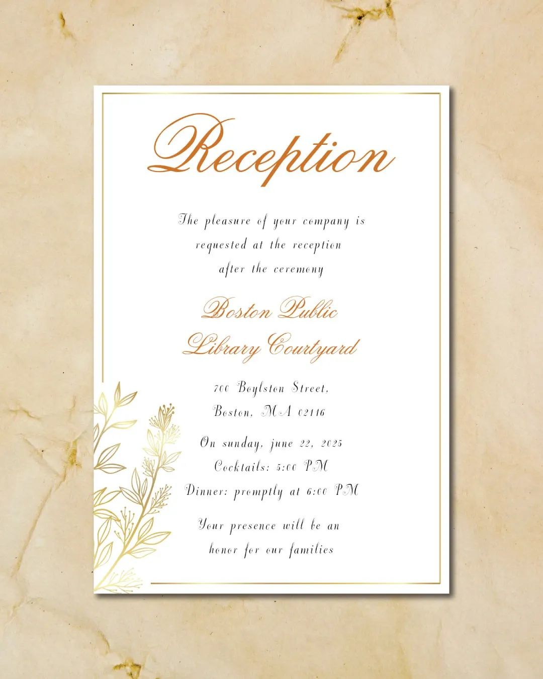 Golden Leaves Simple Flat 5x7 Wedding Invitation