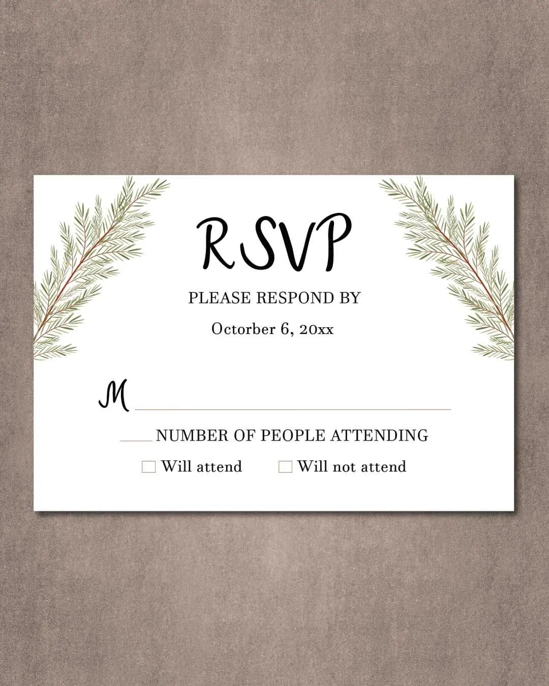 Simple Pine Branches Simple Flat 5x7 Wedding Invitation