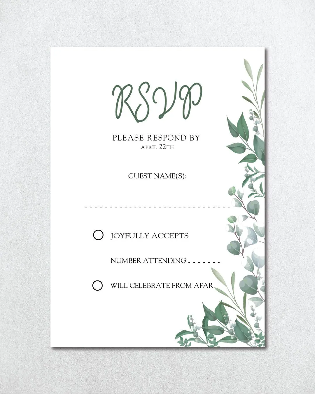 Green and Gray Leaves Simple Flat 5x7 Wedding Invitation