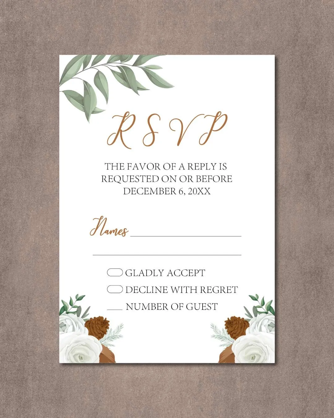 Pine Cone and Roses Simple Flat 5x7 Wedding Invitation