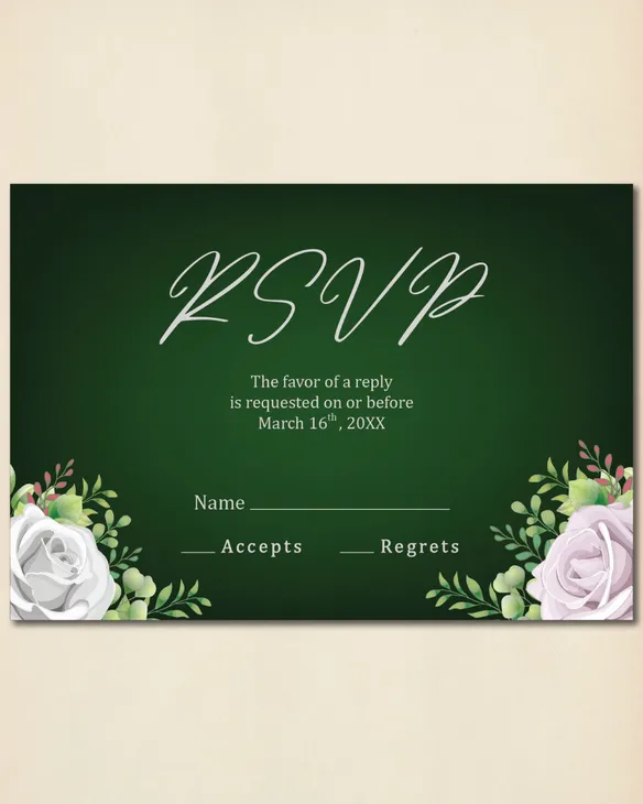 Green and Roses Simple Flat 5x7 Wedding Invitation