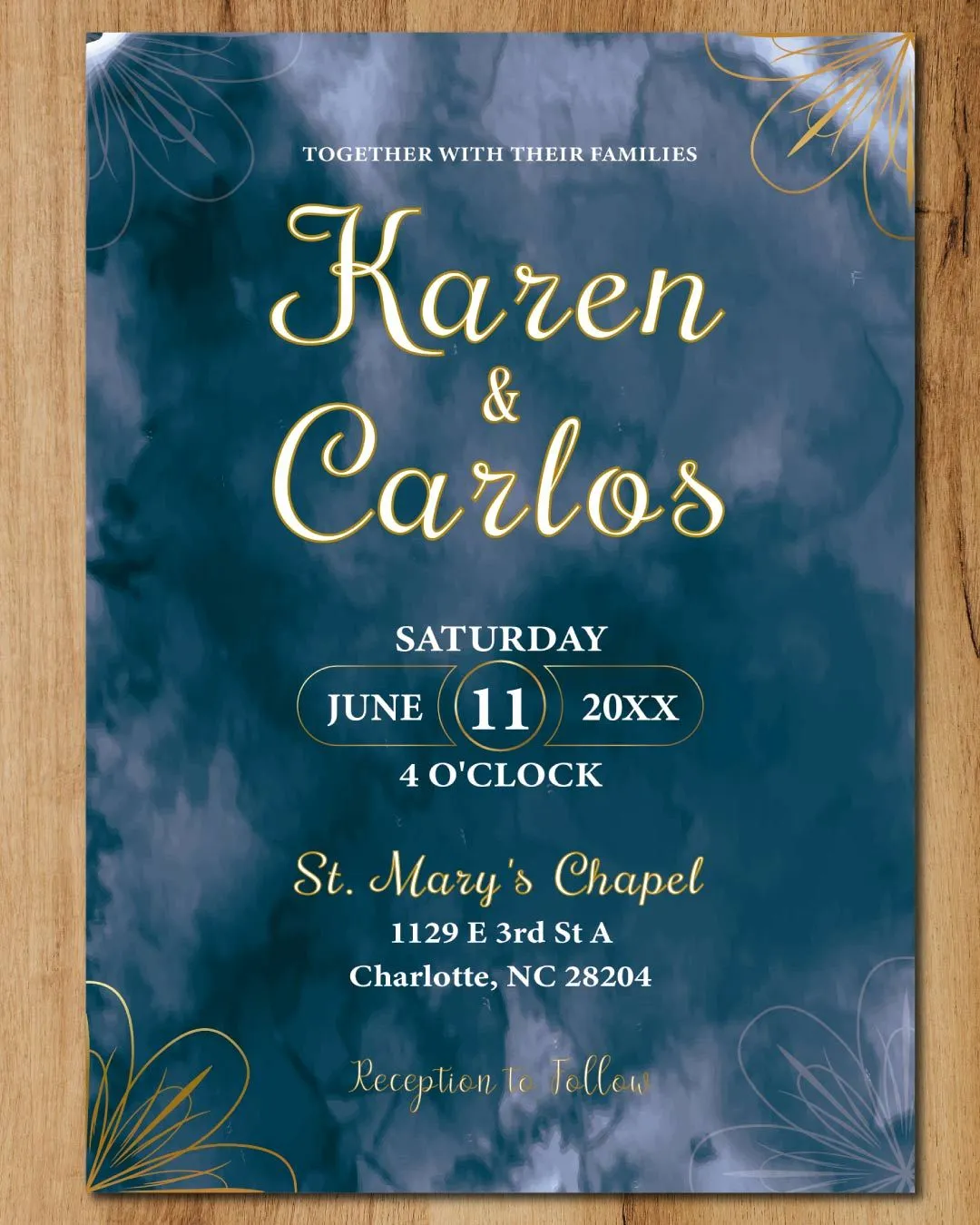 Deep Blue Watercolor Simple Flat 5x7 Wedding Invitation