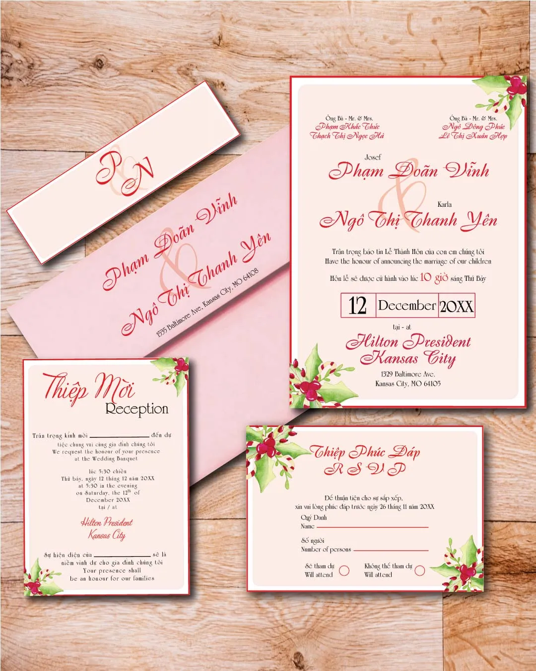 Pink Christmas Simple Flat 5x7 Wedding Invitation
