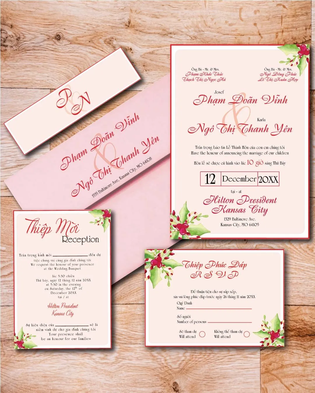 Pink Christmas Simple Flat 5x7 Wedding Invitation