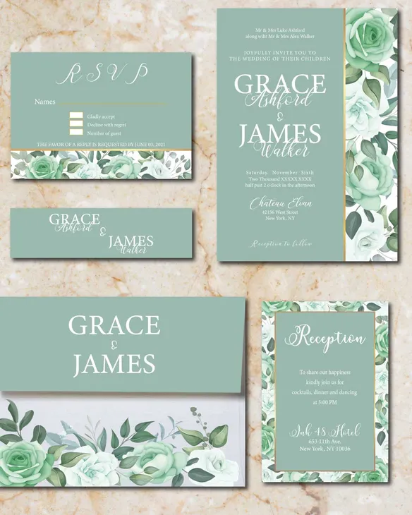 Pastel Green Flowers Simple Flat 5x7 Wedding Invitation