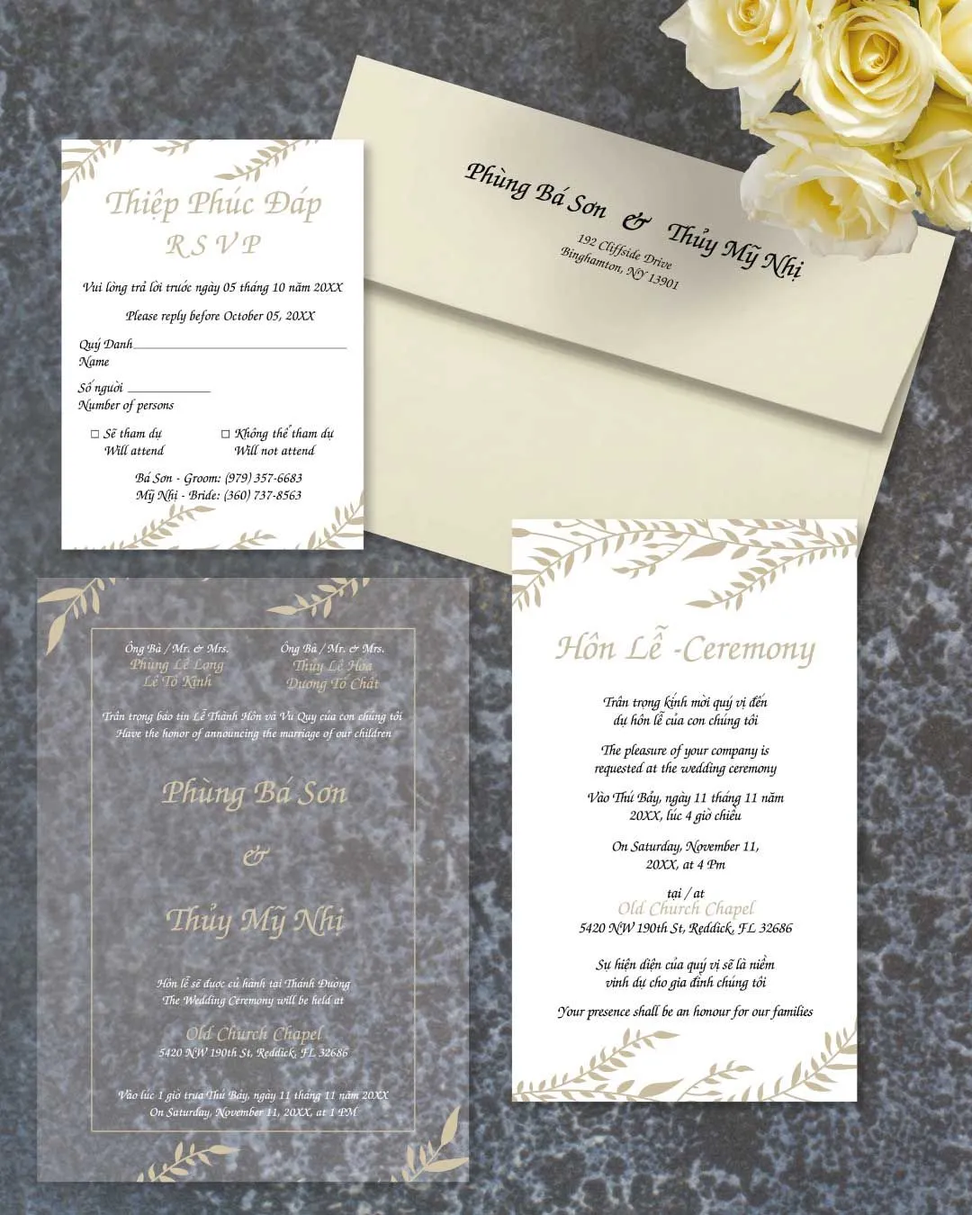 Frame Silver Leaves Acrylic Wedding Invitation