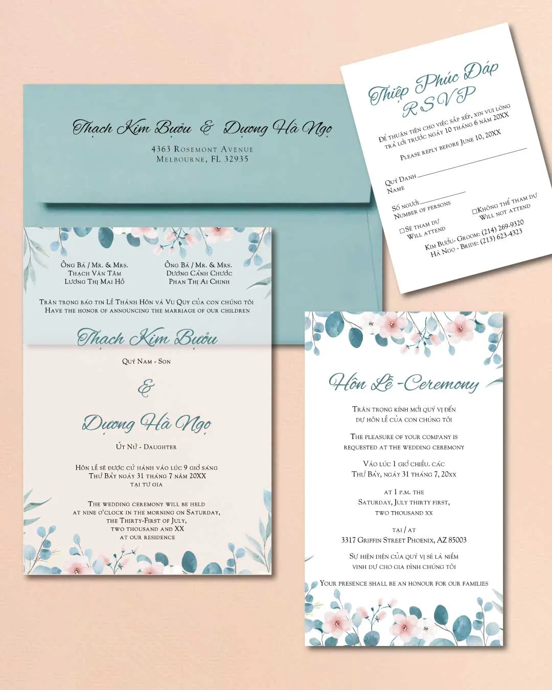 Borders Blue Leaves Acrylic Wedding Invitation