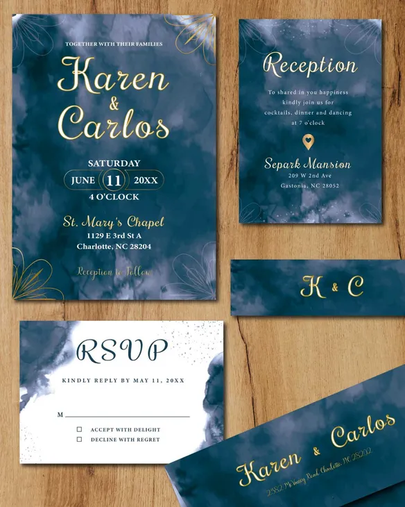 Deep Blue Watercolor Simple Flat 5x7 Wedding Invitation