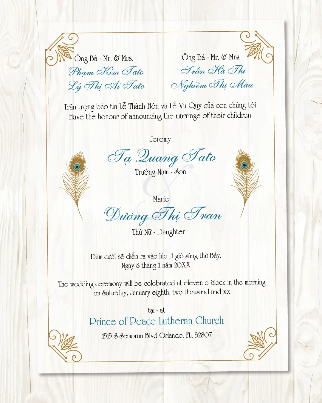 Indian Peacock Feathers Acrylic Wedding Invitation