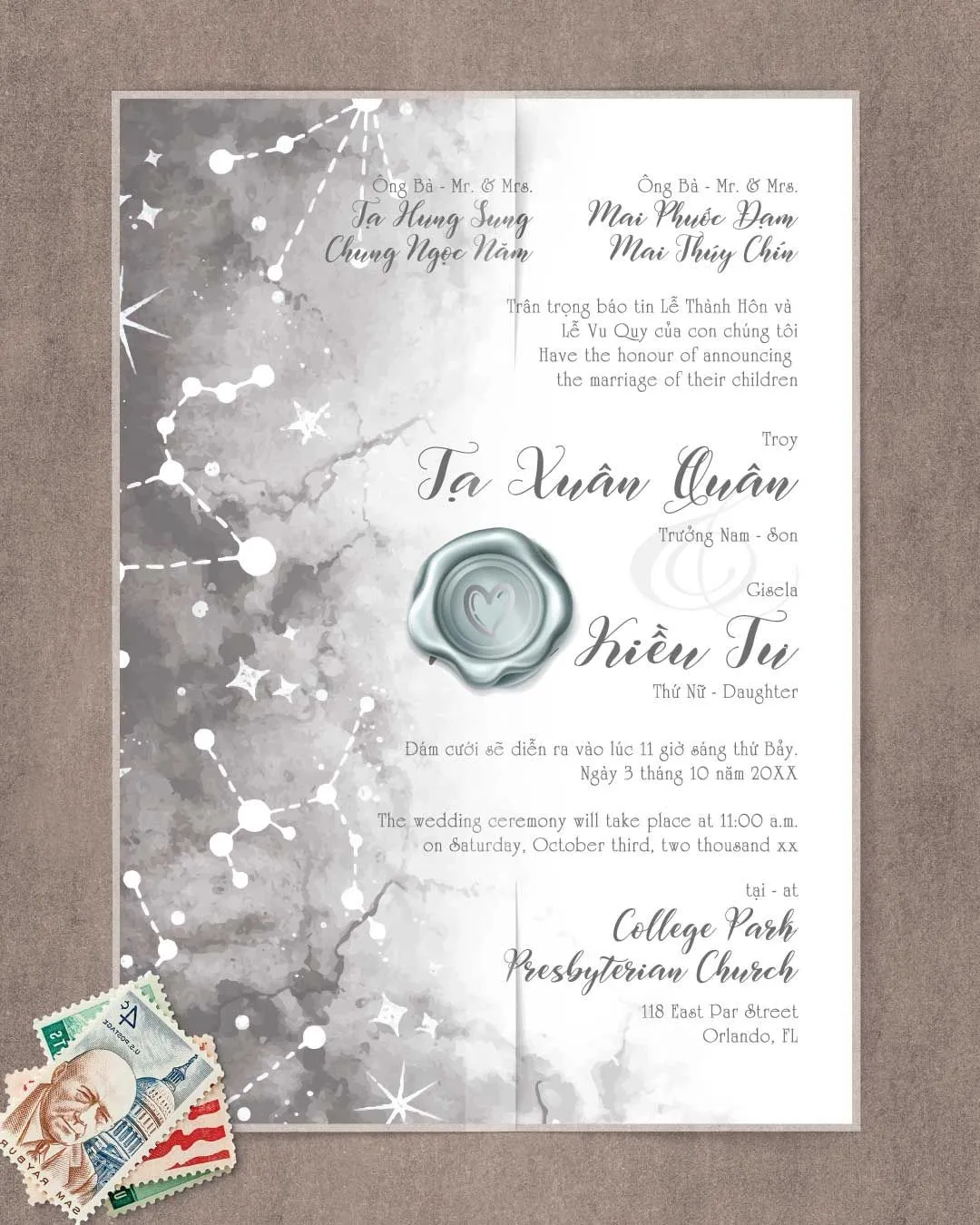 Constellations Design Vellum Wrapped Vietnamese & English Wedding Invitation