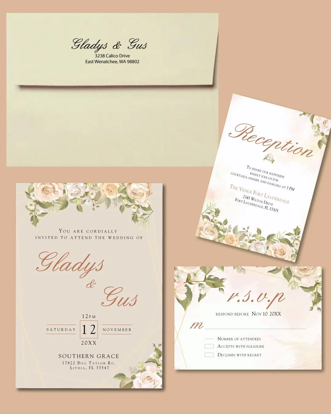 Pastel Beige Leaves Acrylic Wedding Invitation