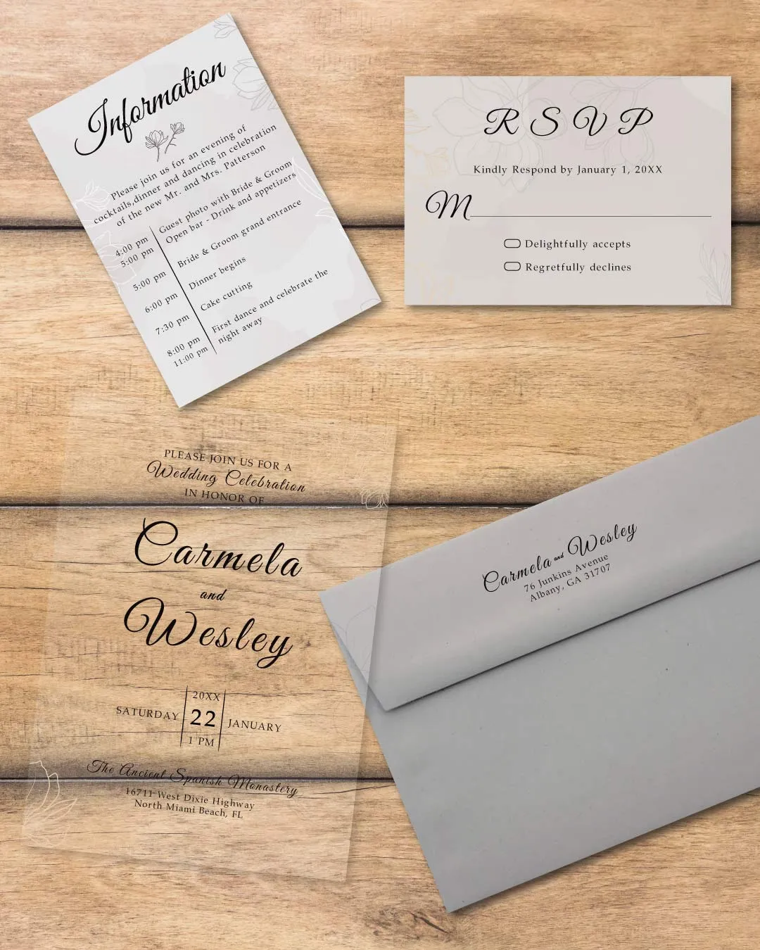 Gray Flower Silhouette Acrylic Wedding Invitation
