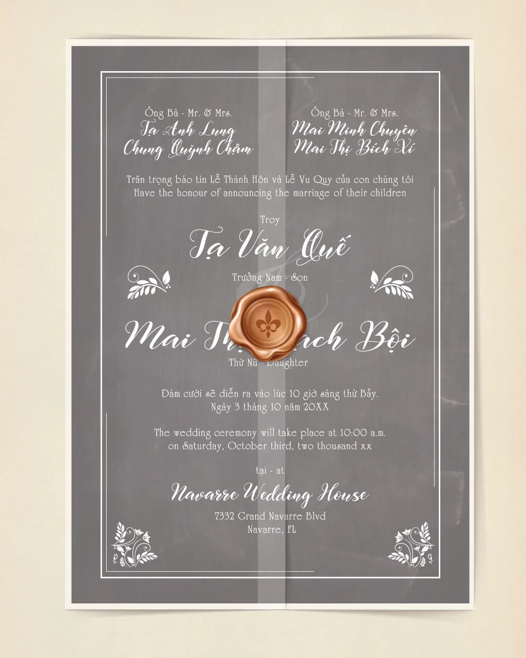 Vintage Slate Invitation Vellum Wrapped Vietnamese & English Wedding Invitation