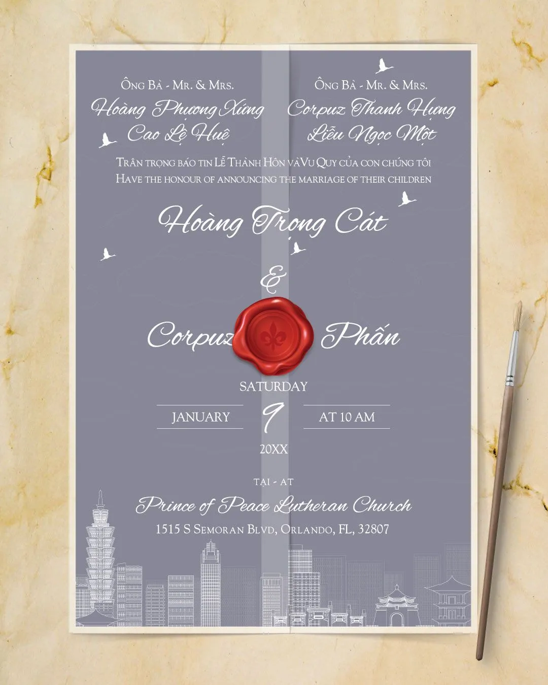 Taiwan City Buildings Vellum Wrapped Vietnamese & English Wedding Invitation