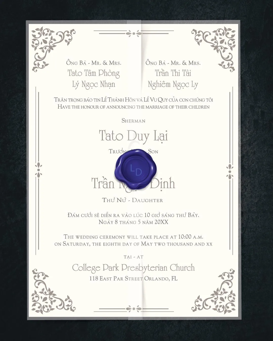 Formal Vellum Wrapped Vietnamese & English Wedding Invitation