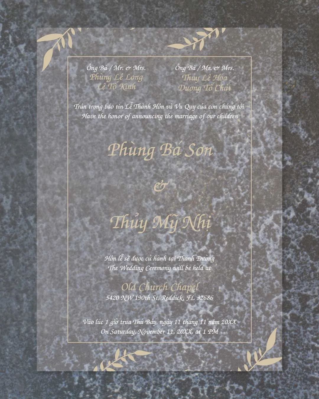Frame Silver Leaves Acrylic Wedding Invitation