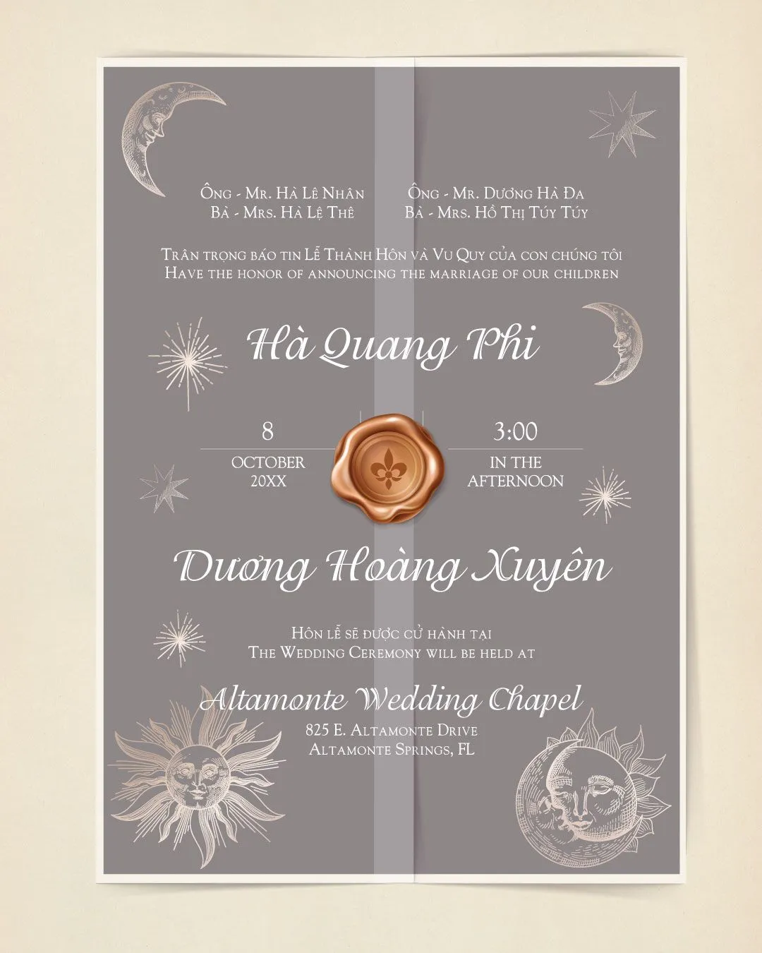 Vintage Celestial Sky Vellum Wrapped Vietnamese & English Wedding Invitation